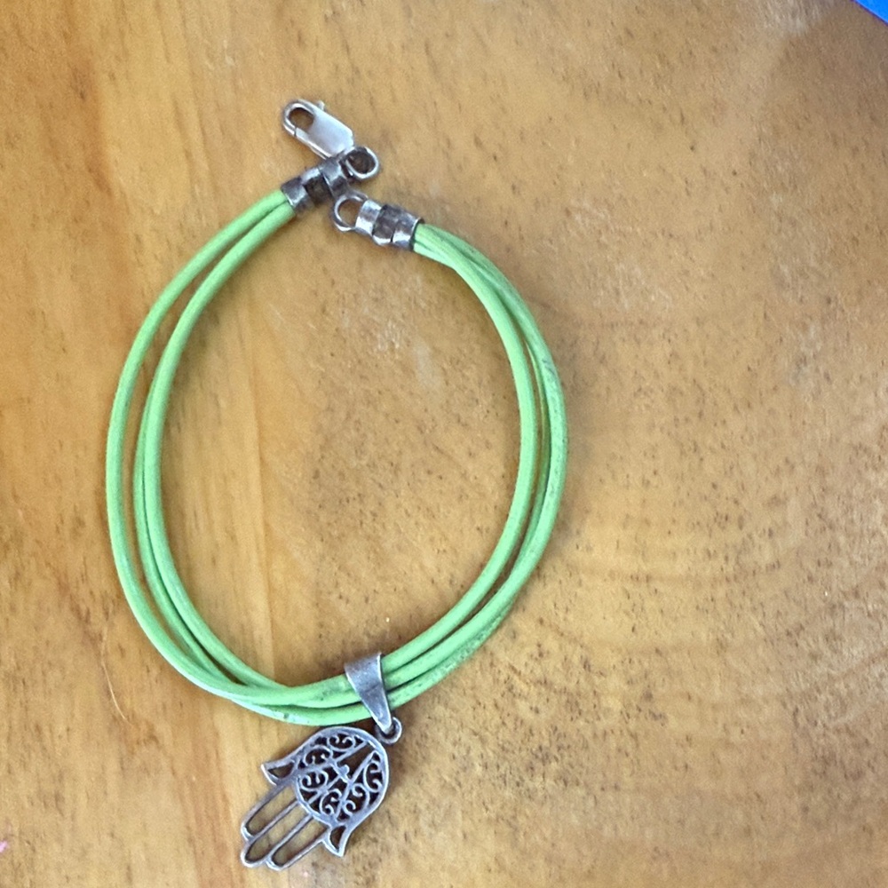 Green Leather Hamsa Hand Bracelet - Unbranded
